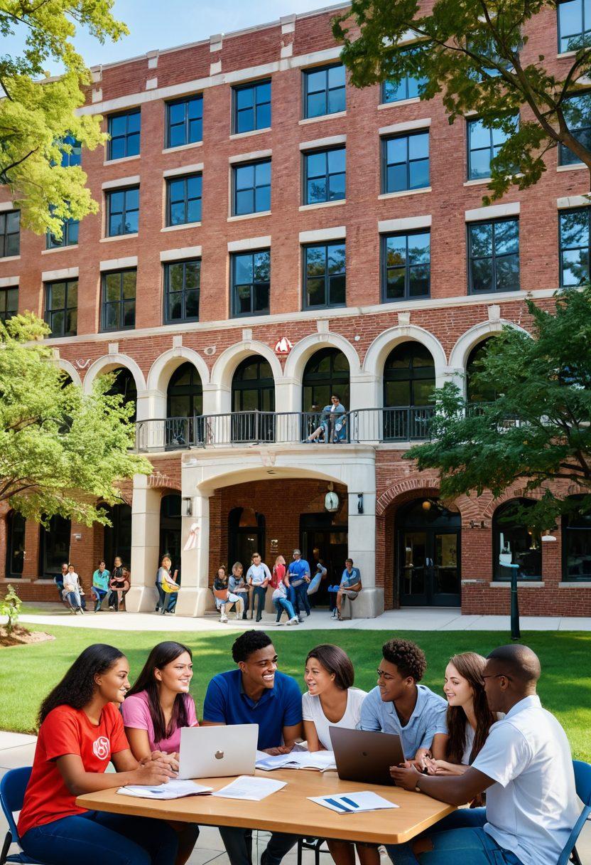 A vibrant college campus scene where a diverse group of freshmen are gathered, discussing insurance options with colorful brochures and laptops open. In the background, visible signs of a university such as brick buildings, trees, and students walking. One student is holding a heart-shaped symbol that represents love and care, while another points to a checklist of insurance needs. Bright, inviting colors that convey a sense of community and support. super-realistic. vibrant colors. white background.