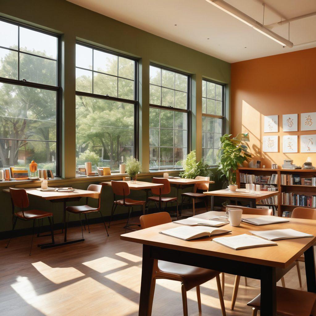 A warm and inviting college environment featuring diverse students in a cozy study space, depicting collaboration and support. Include elements like books, coffee cups, and safety symbols, such as a protective shield in the background. Soft sunlight streaming through large windows with greenery outside, suggesting growth and care. super-realistic. vibrant colors. warm tones.