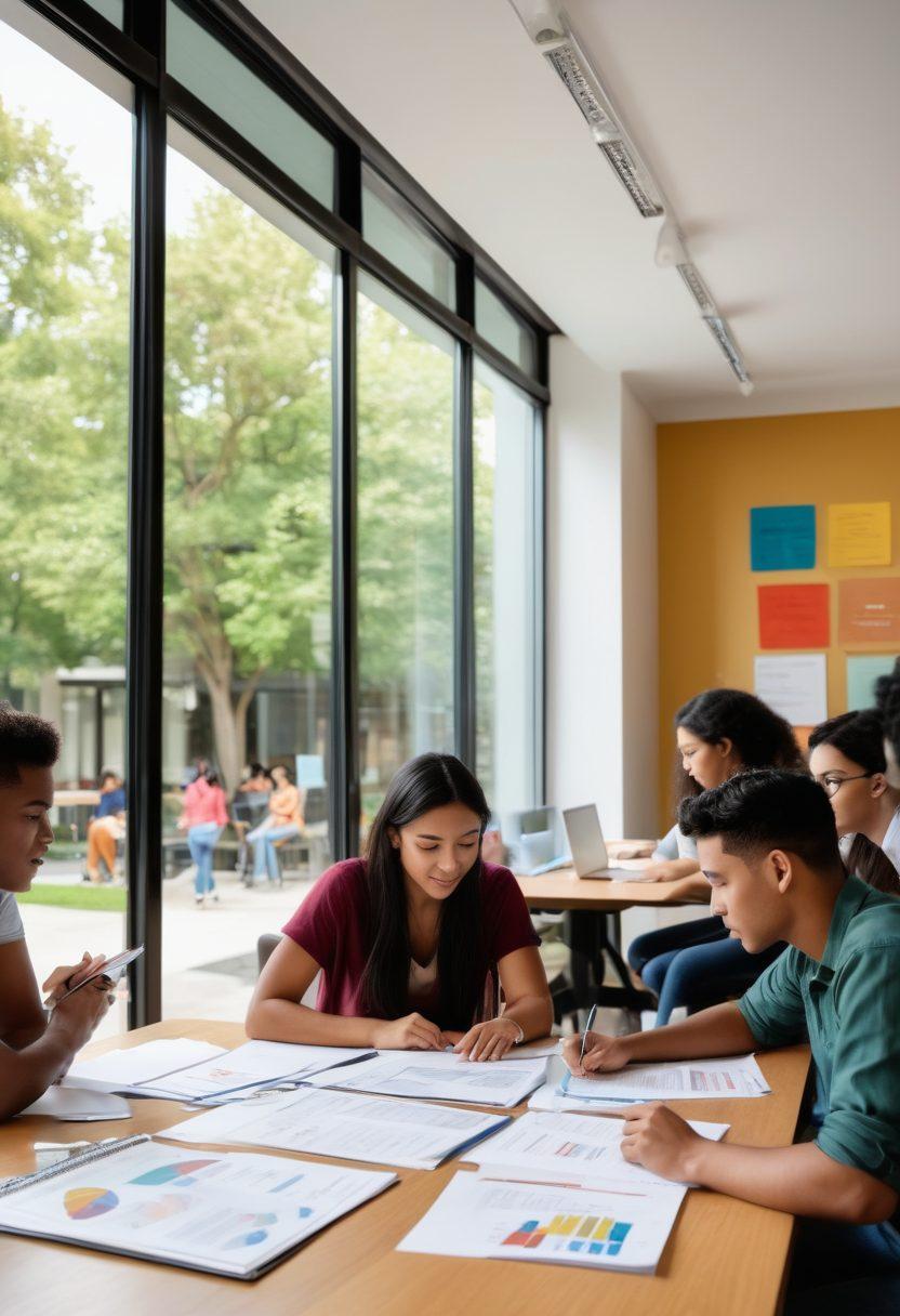 A diverse group of college students sitting around a table, analyzing various insurance documents with a laptop open, surrounded by health and auto insurance pamphlets. A vibrant university campus is visible through the window, symbolizing campus life. Include elements like coffee cups and textbooks to enhance the study atmosphere. bright colors. ultra-realistic.